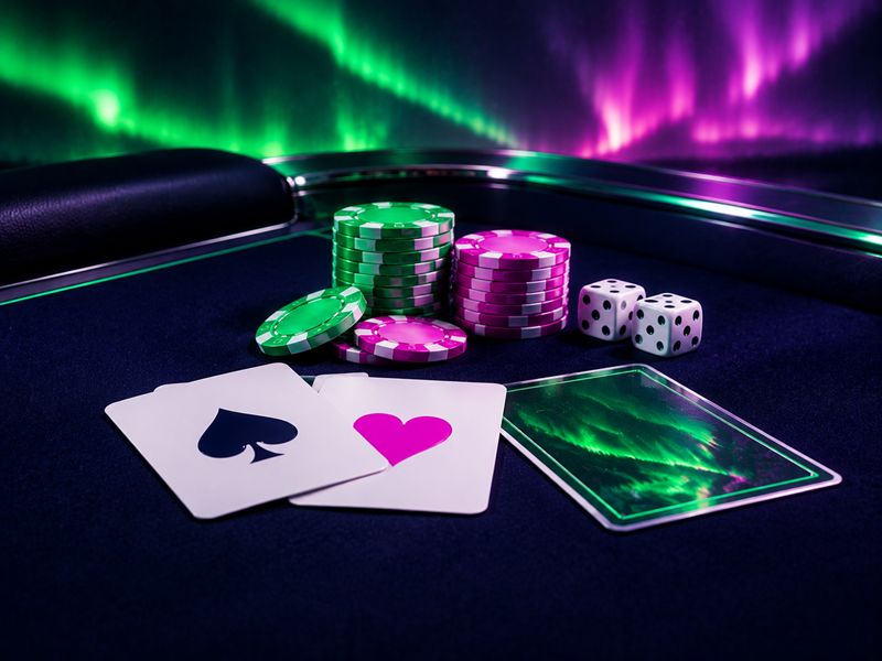 Blackjack-pöytä, pelikortit, pelimerkit ja nopat